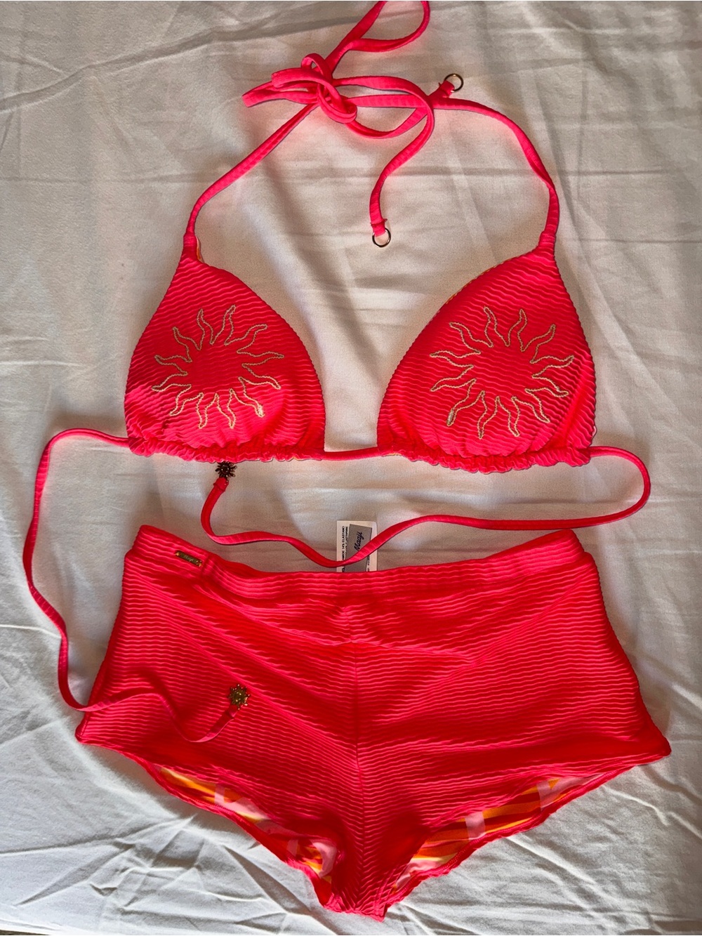 Maji Bright Pink/Orange Triangle Bikini Set with Sun Embroidery